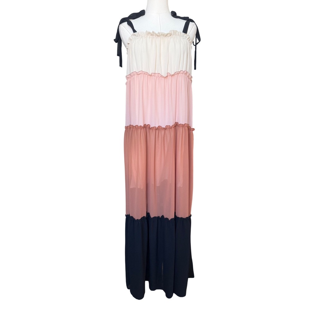 Fanco Boho Tiered Colorblock Maxi Dress Size S Cottagecore Resort Romantic Flowy - Picture 2 of 11